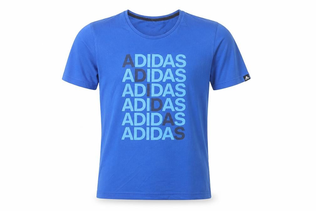 Front view of Adidas Men's Blue Small Graphic Logo Sports T-Shirt