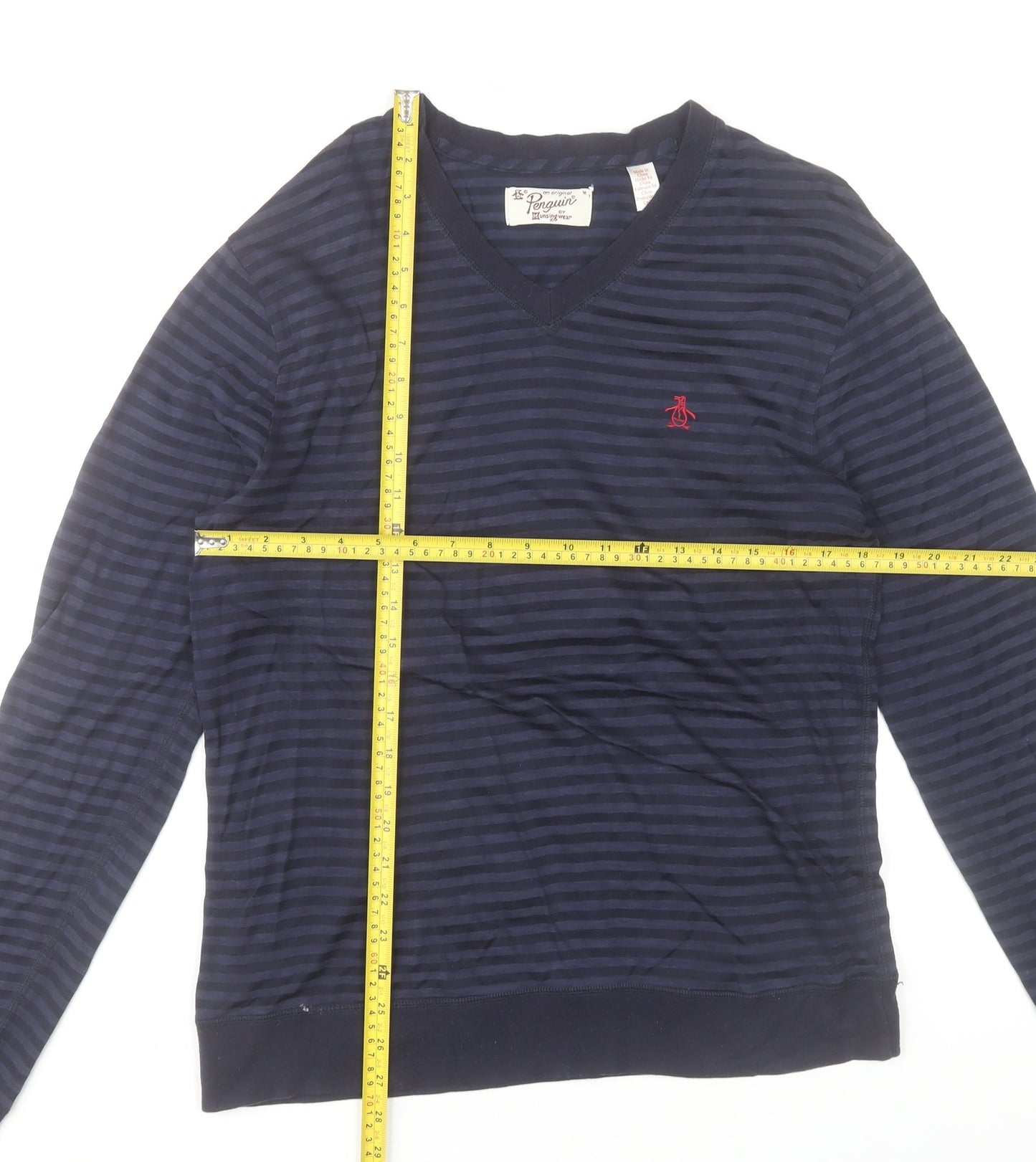 Original Penguin by Munsingwear Men's Navy Striped V-Neck Long Sleeve T-Shirt M