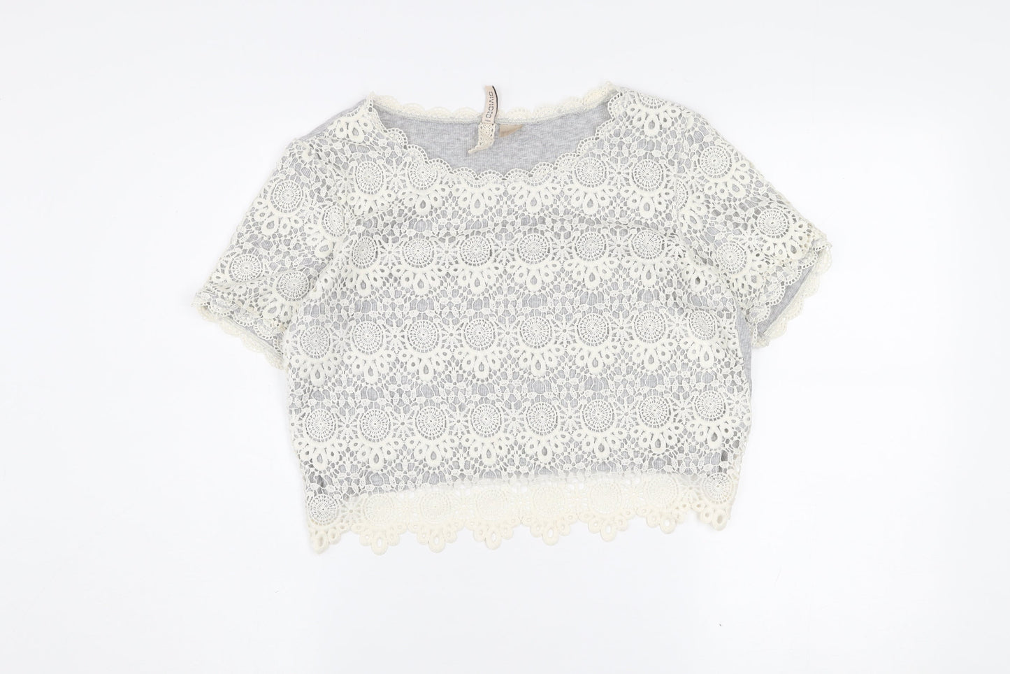 H&M Divided Women's Grey Lace Cropped Short Sleeve Blouse Size S