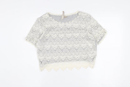 H&M Divided Women's Grey Lace Cropped Short Sleeve Blouse Size S