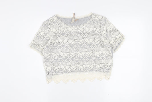 H&M Divided Women's Grey Lace Cropped Short Sleeve Blouse Size S