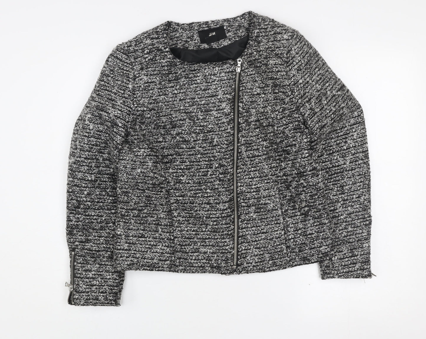 H&M Women’s Grey Tweed Biker Jacket Size 10 Full Zip Lined Cotton Blend