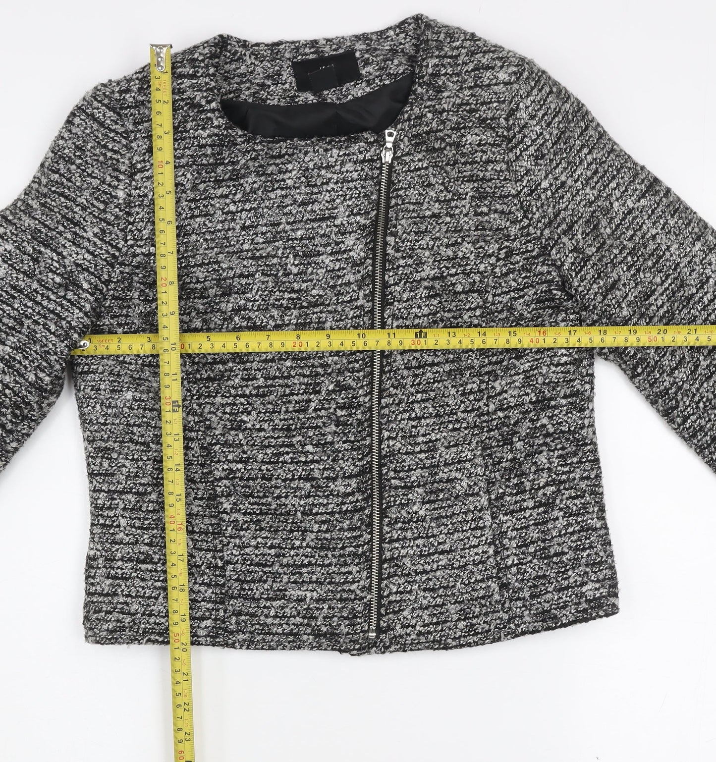 H&M Women’s Grey Tweed Biker Jacket Size 10 Full Zip Lined Cotton Blend