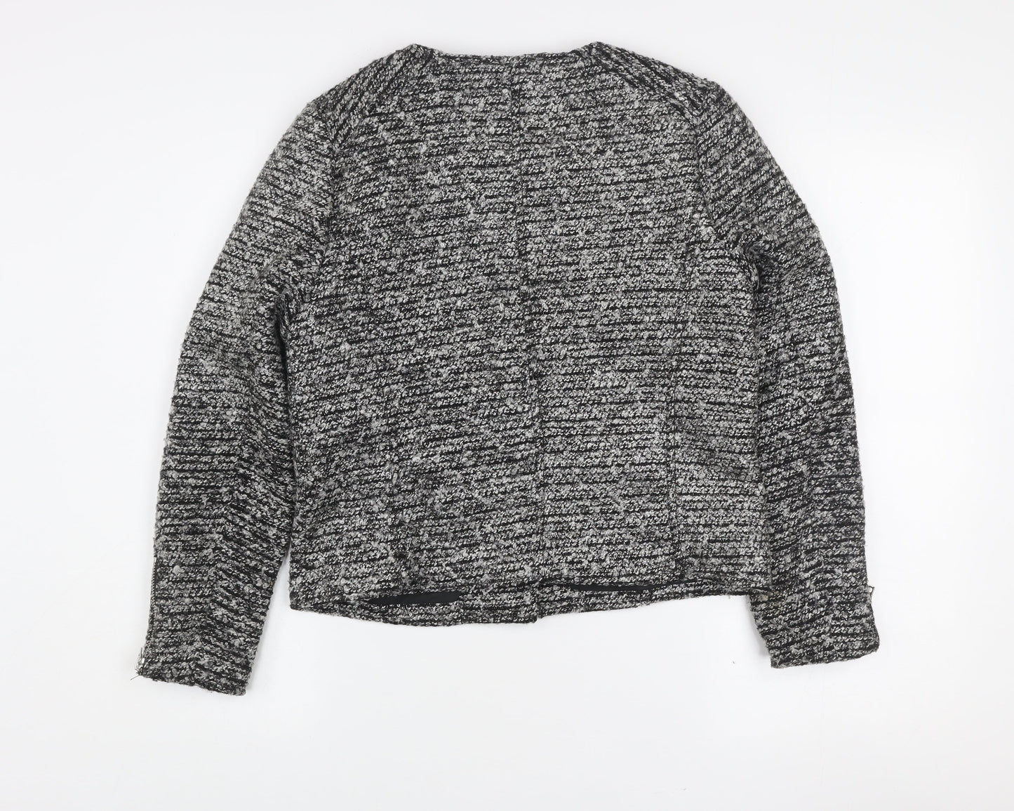 H&M Women’s Grey Tweed Biker Jacket Size 10 Full Zip Lined Cotton Blend