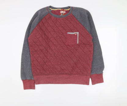 Cinch Mens Red Grey Quilted Crew Neck Jumper Size L