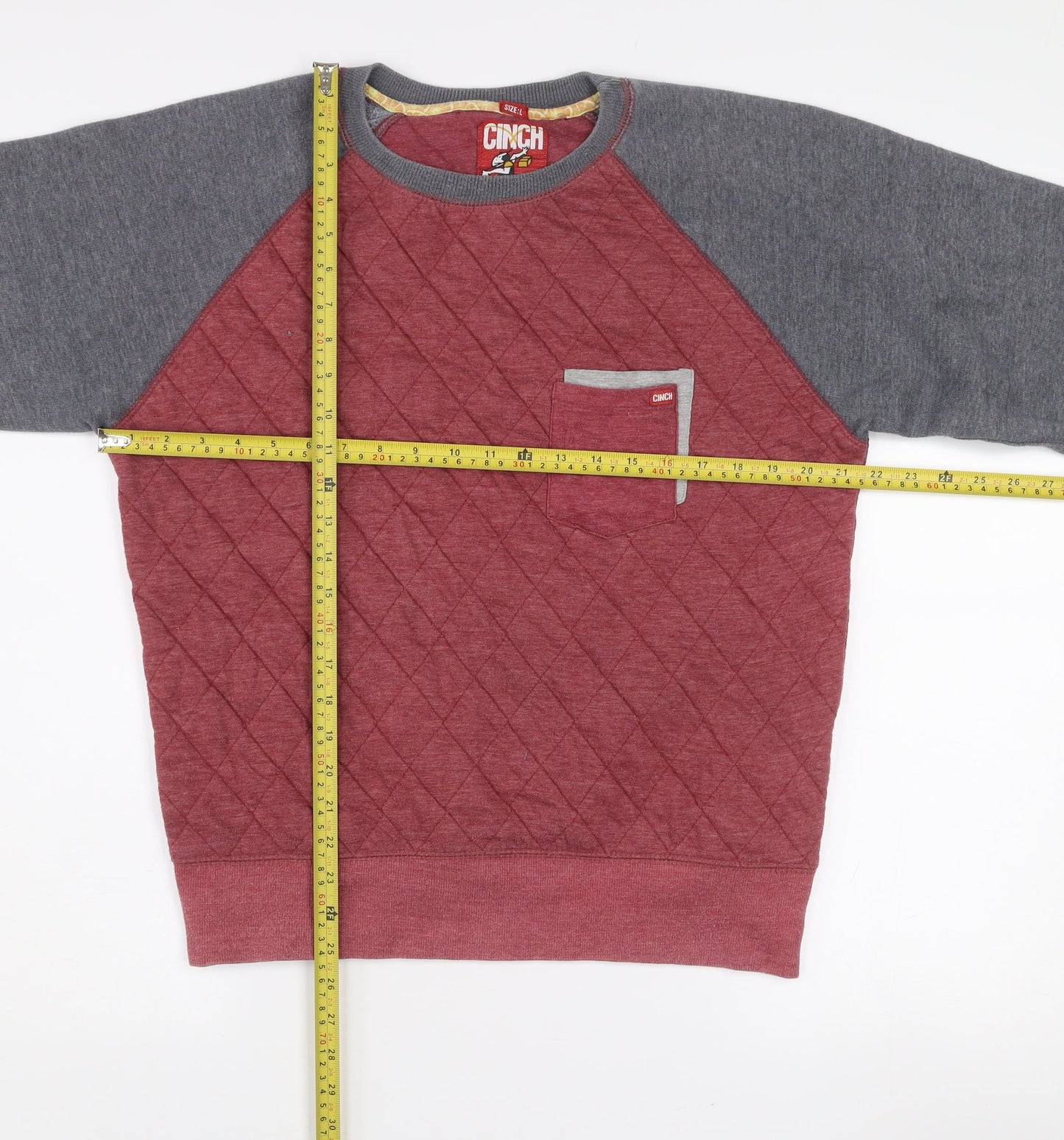Cinch Mens Red Grey Quilted Crew Neck Jumper Size L