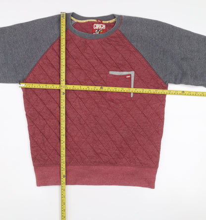 Cinch Mens Red Grey Quilted Crew Neck Jumper Size L