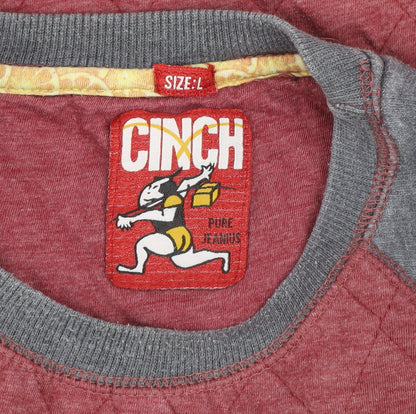 Cinch Mens Red Grey Quilted Crew Neck Jumper Size L