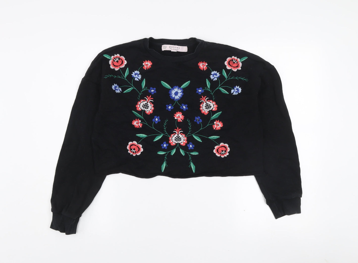 Miss Selfridge Petites Black Floral Embroidered Cotton Jumper UK 10