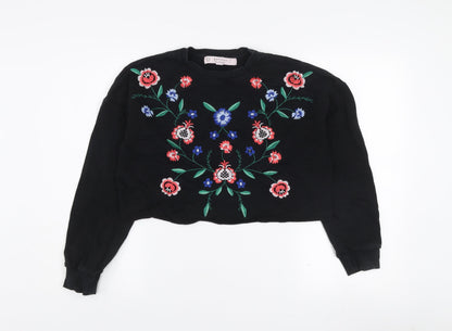 Miss Selfridge Petites Black Floral Embroidered Cotton Jumper UK 10