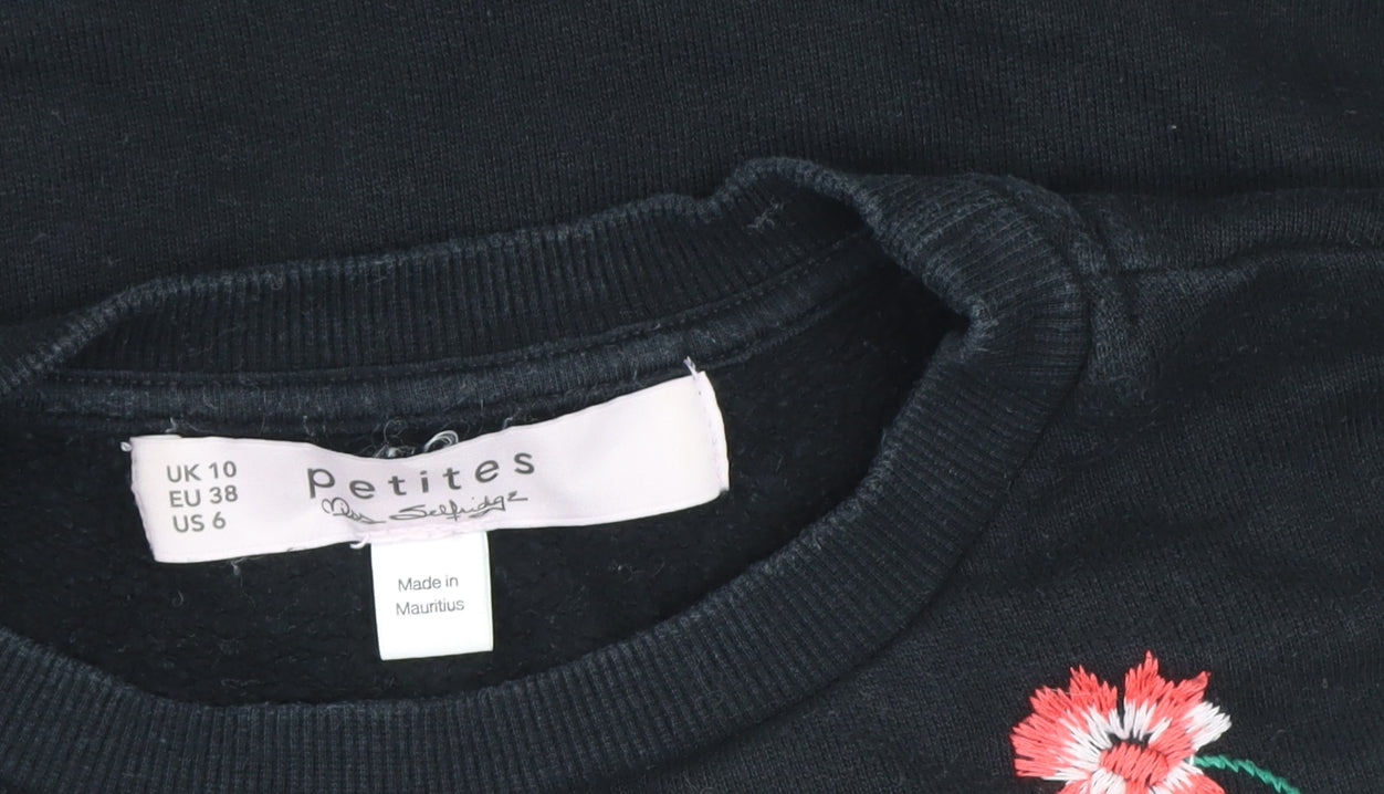 Miss Selfridge Petites Black Floral Embroidered Cotton Jumper UK 10