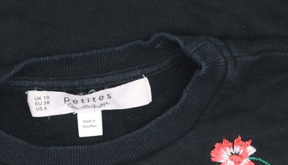 Miss Selfridge Petites Black Floral Embroidered Cotton Jumper UK 10
