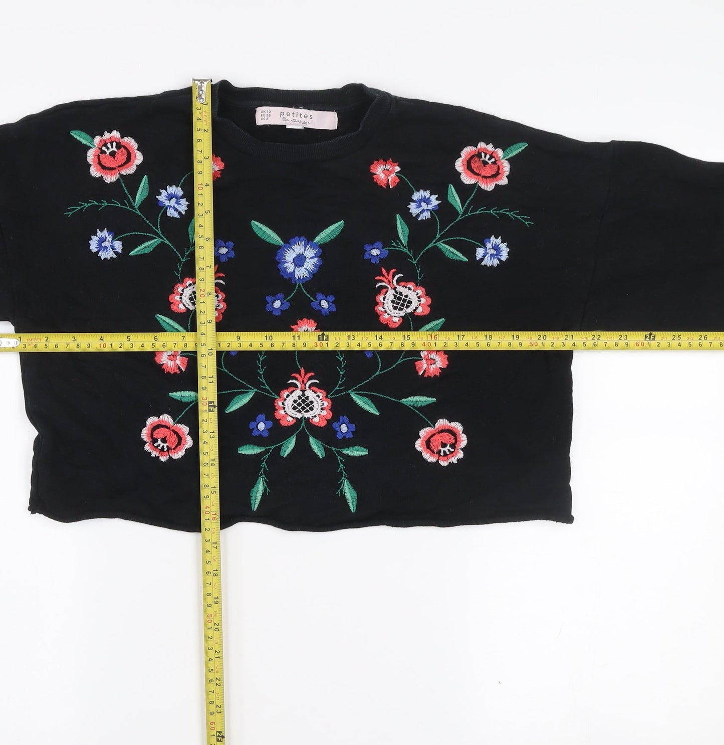 Miss Selfridge Petites Black Floral Embroidered Cotton Jumper UK 10