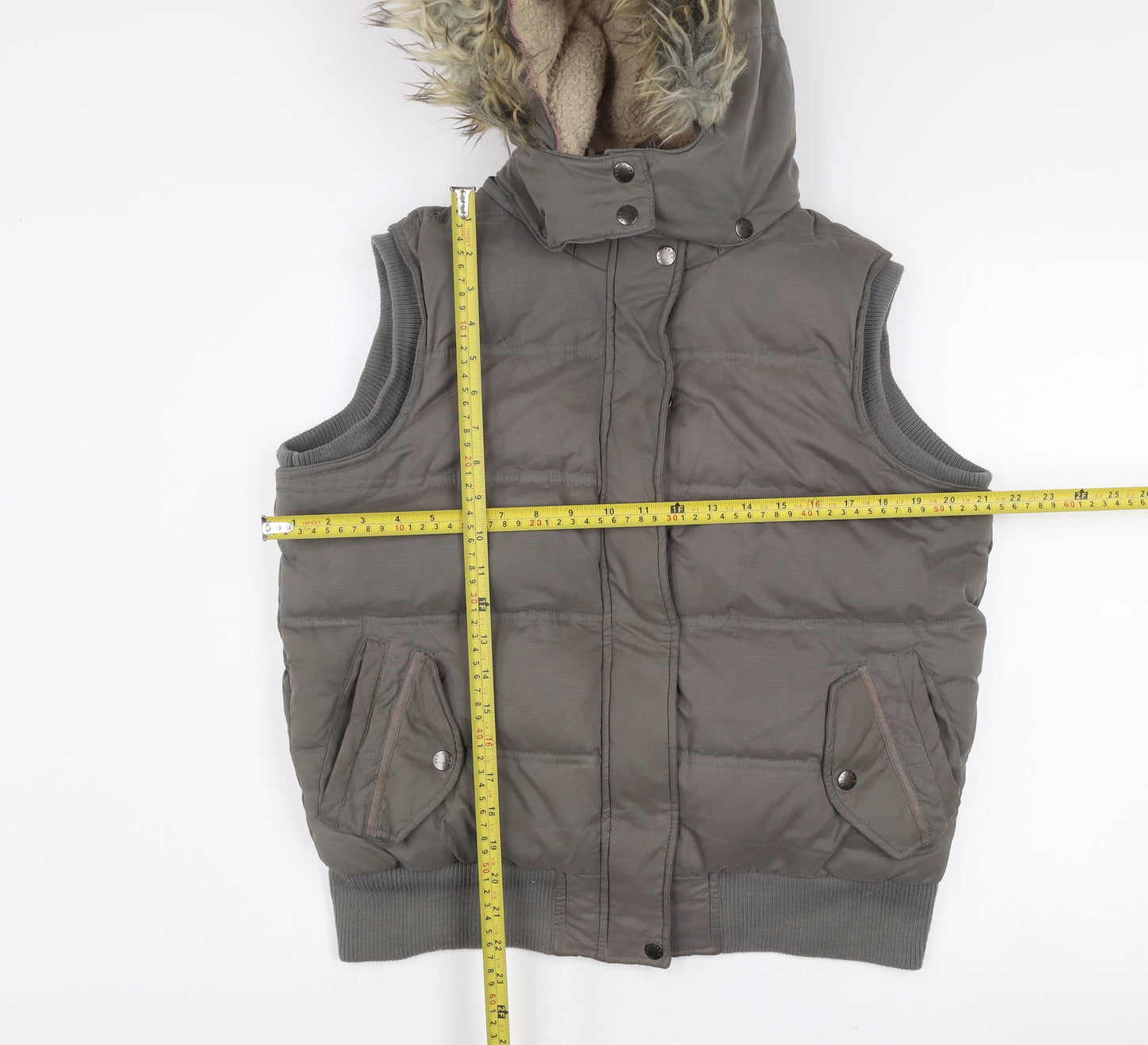 Fat Face Women’s Grey Hooded Puffer Waistcoat Size 14 Winter Lined