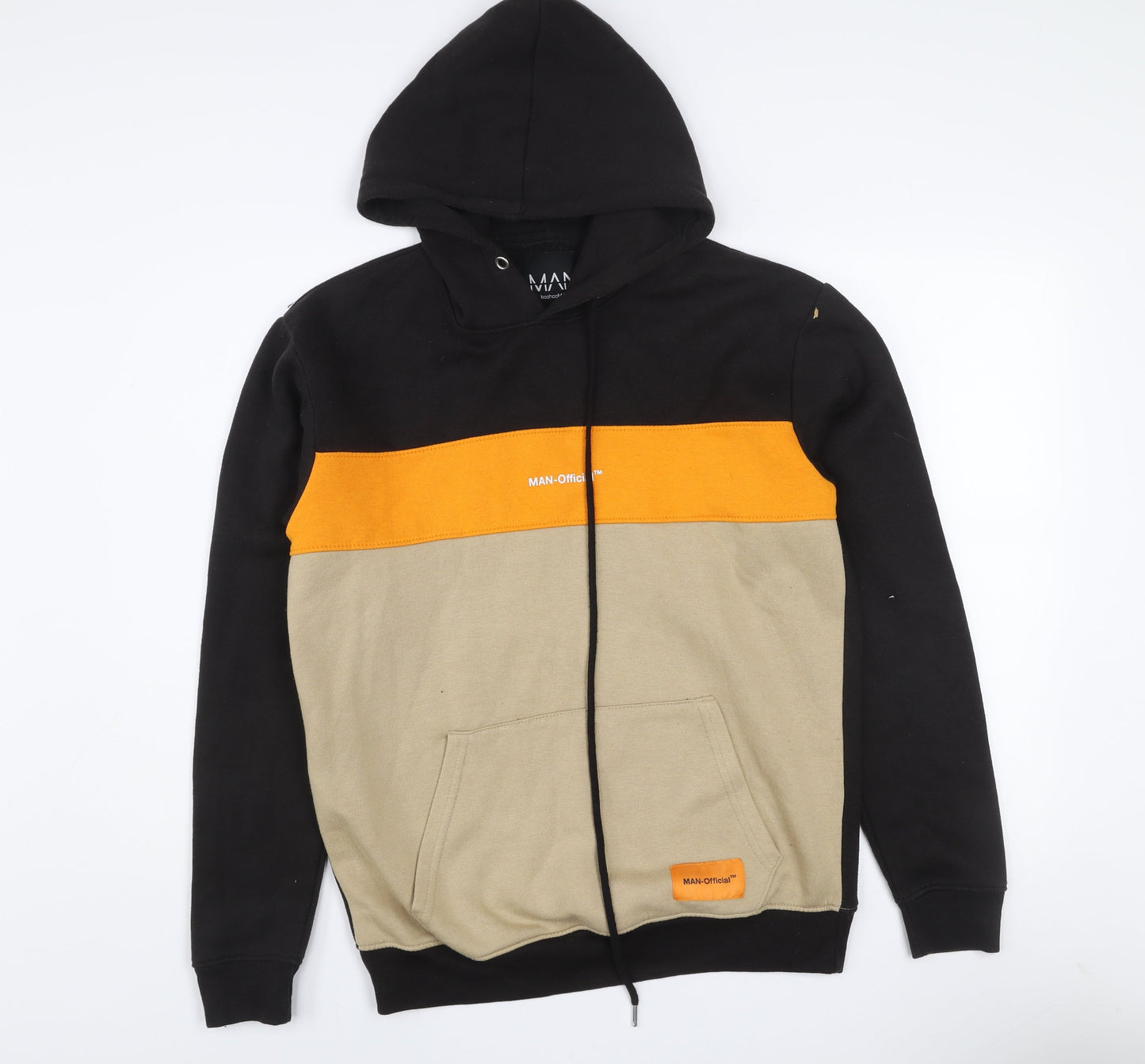 boohooMAN Men's Black Beige Orange Colour Block Hoodie M