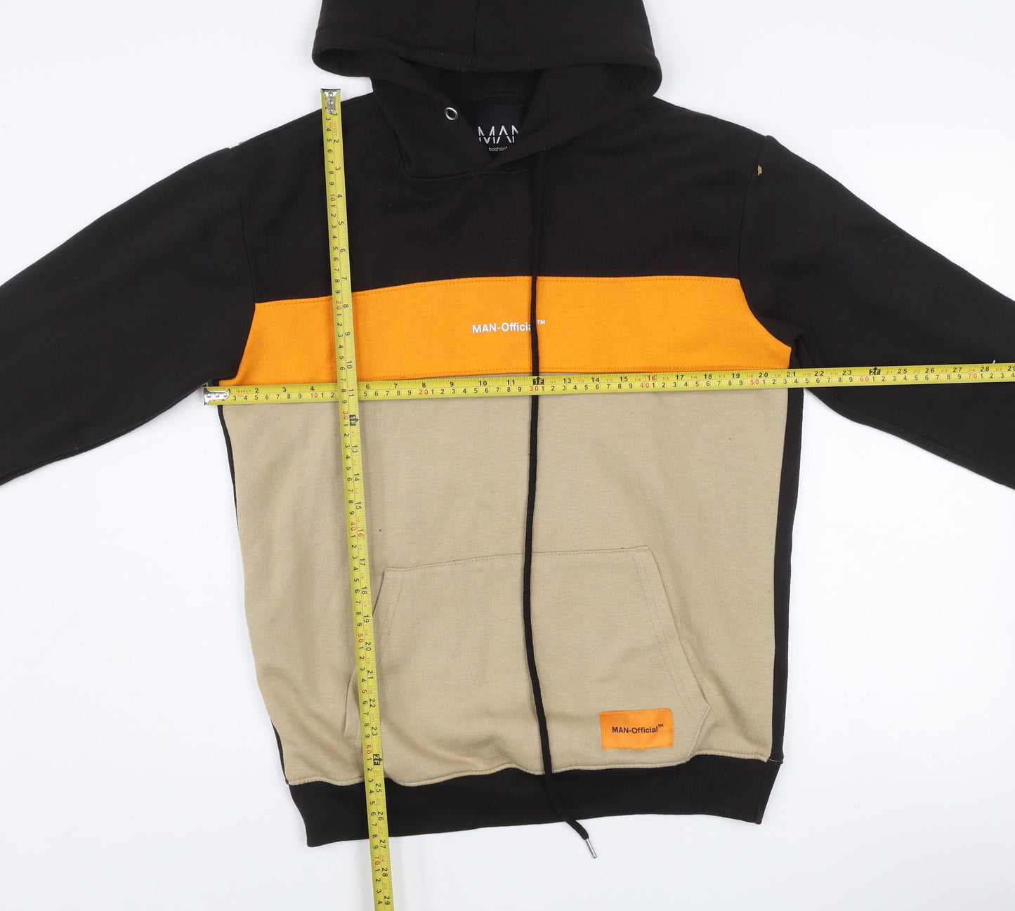 boohooMAN Men's Black Beige Orange Colour Block Hoodie M
