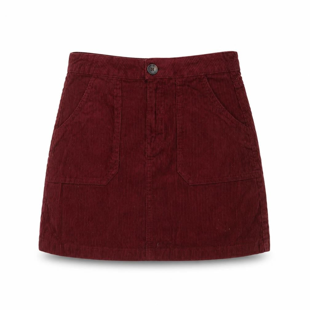 Front view of Denim Co. women’s red corduroy a-line skirt, size UK 8