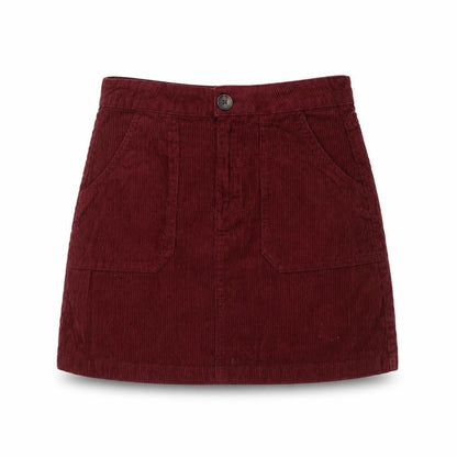 Front view of Denim Co. women’s red corduroy a-line skirt, size UK 8