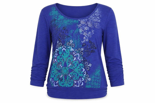 Style & Co. Women Blue Floral Beaded 3/4 Sleeve Top Size M