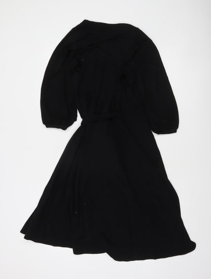 Topshop Women’s Black Midi Wrap Dress Size 10 Long Sleeve