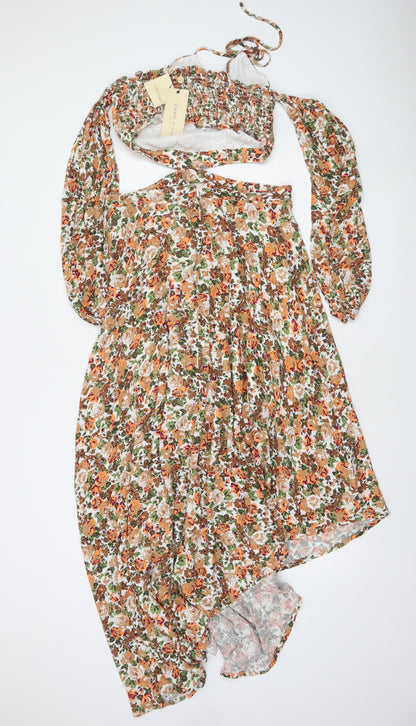 Dark Pink Women’s Multicoloured Floral Halter Asymmetric Hi-Low Dress Size 10
