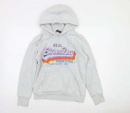 Superdry Women's Grey Pullover Hoodie UK 10 Graphic Logo Sweatshirt