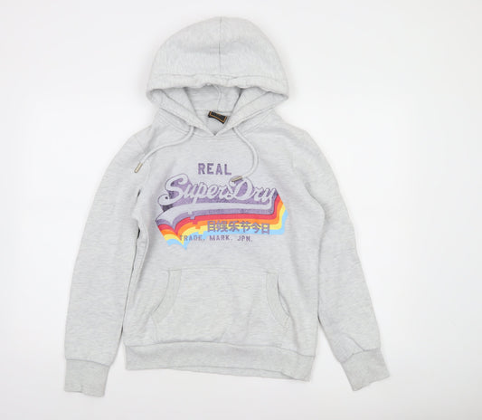 Superdry Women's Grey Pullover Hoodie UK 10 Graphic Logo Sweatshirt