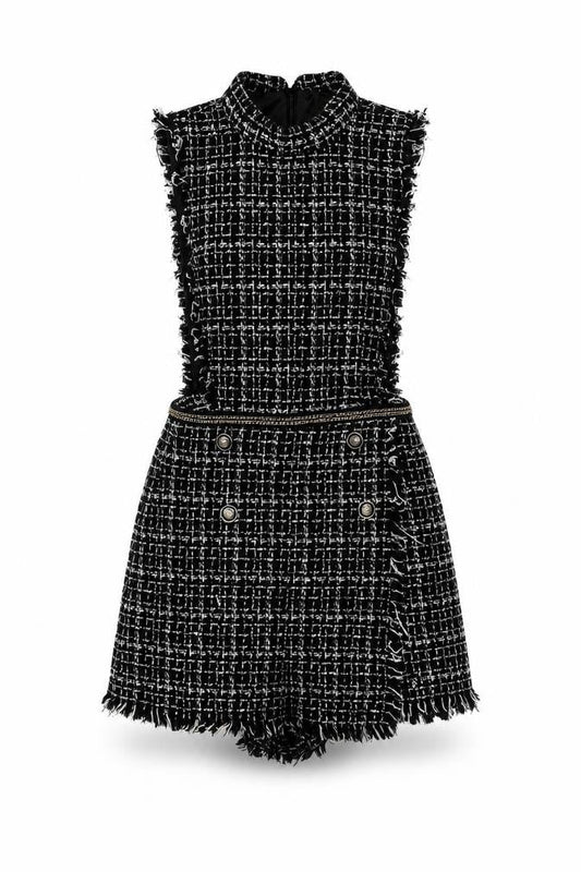Zara Basic Women's Black Tweed Sleeveless Playsuit XS Bouclé Look