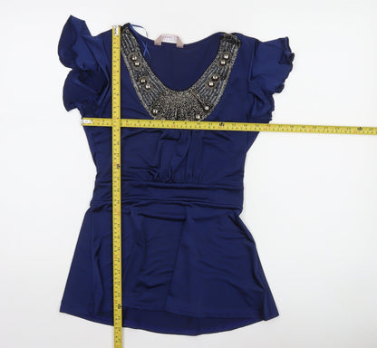 A|wear Women's Blue Beaded Tunic Blouse Short Sleeve Size S