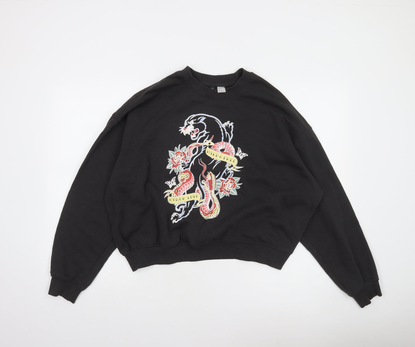 H&M Divided Womens Black XL Pullover Sweatshirt Panther & Snake Print
