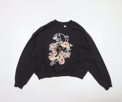 H&M Divided Womens Black XL Pullover Sweatshirt Panther & Snake Print