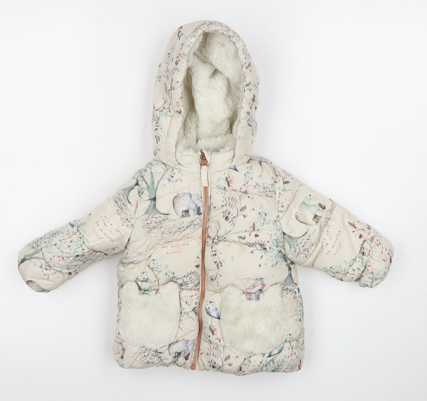 Next Unisex Baby Beige Animal Print Puffer Jacket 12-18 Months Hooded Winter Coat