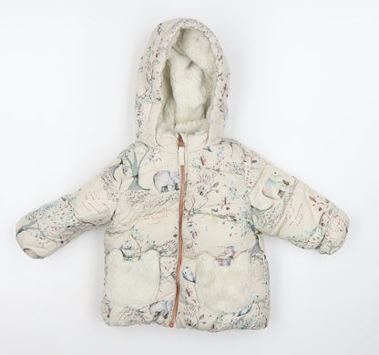 Next Unisex Baby Beige Animal Print Puffer Jacket 12-18 Months Hooded Winter Coat