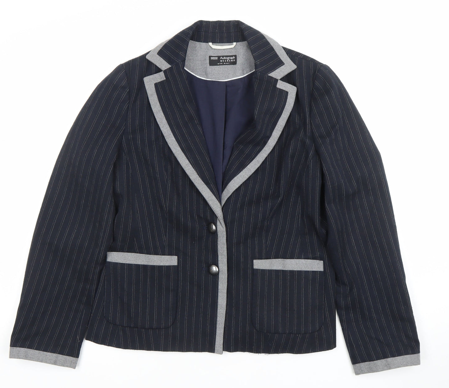 Marks and Spencer Women Blue Pinstripe Wool Blend Blazer UK 12