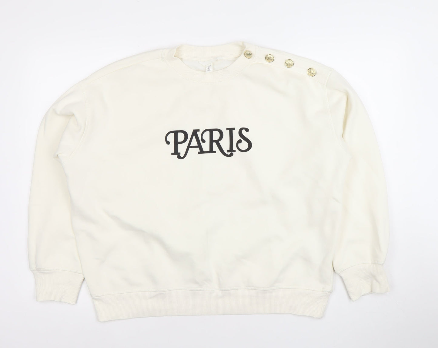 H&M Women Ivory Paris Button Shoulder Sweatshirt Size 12
