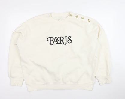H&M Women Ivory Paris Button Shoulder Sweatshirt Size 12