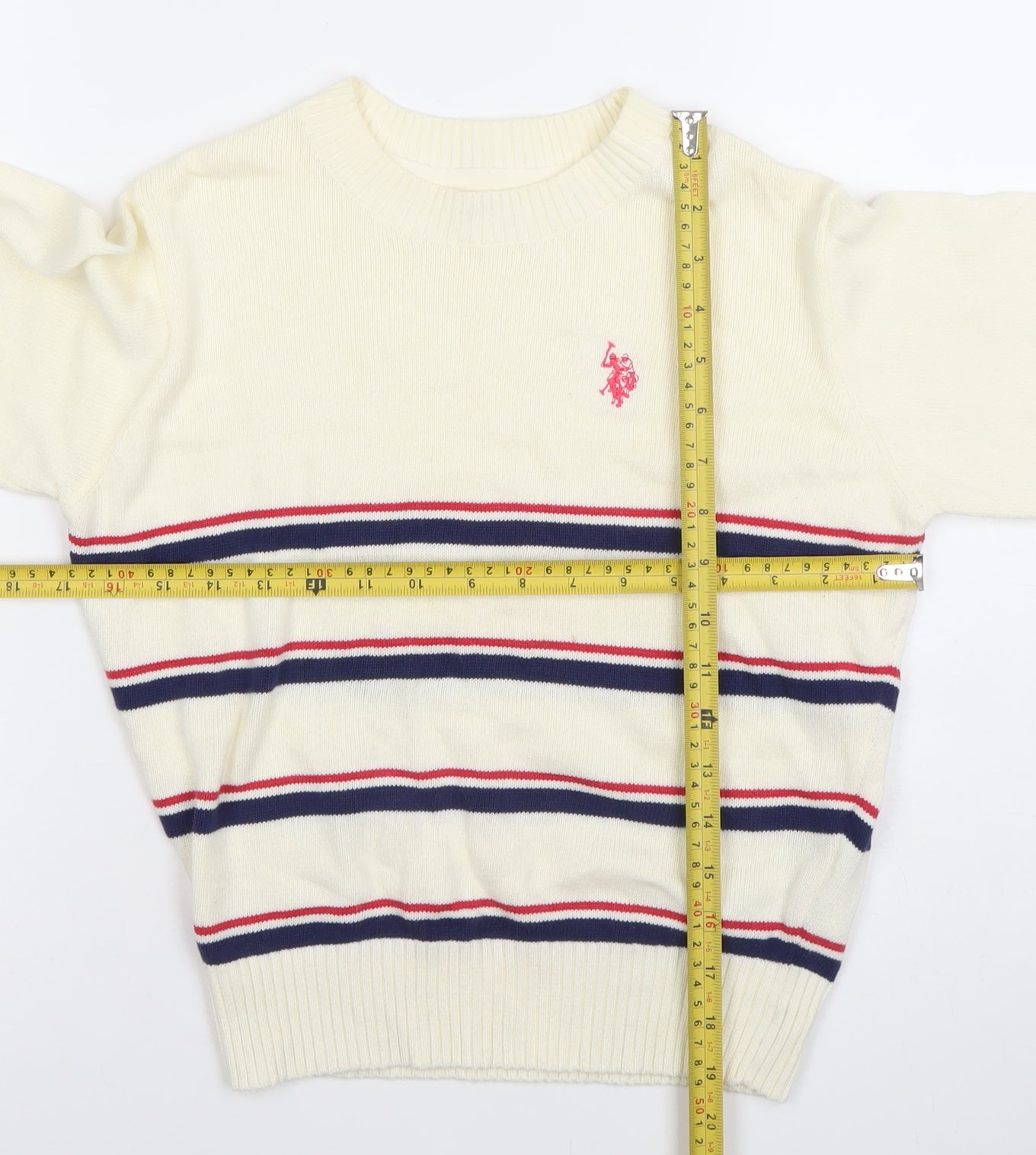 U.S. Polo Assn. Girls Ivory Striped Pullover Jumper 6-8 Years Cotton Crew Neck