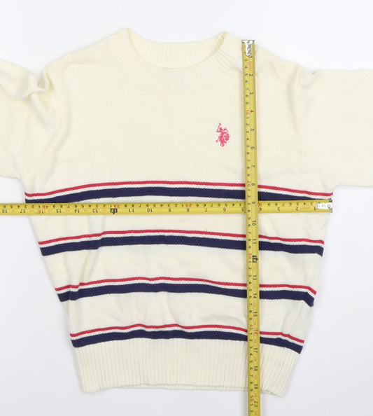U.S. Polo Assn. Girls Ivory Striped Pullover Jumper 6-8 Years Cotton Crew Neck