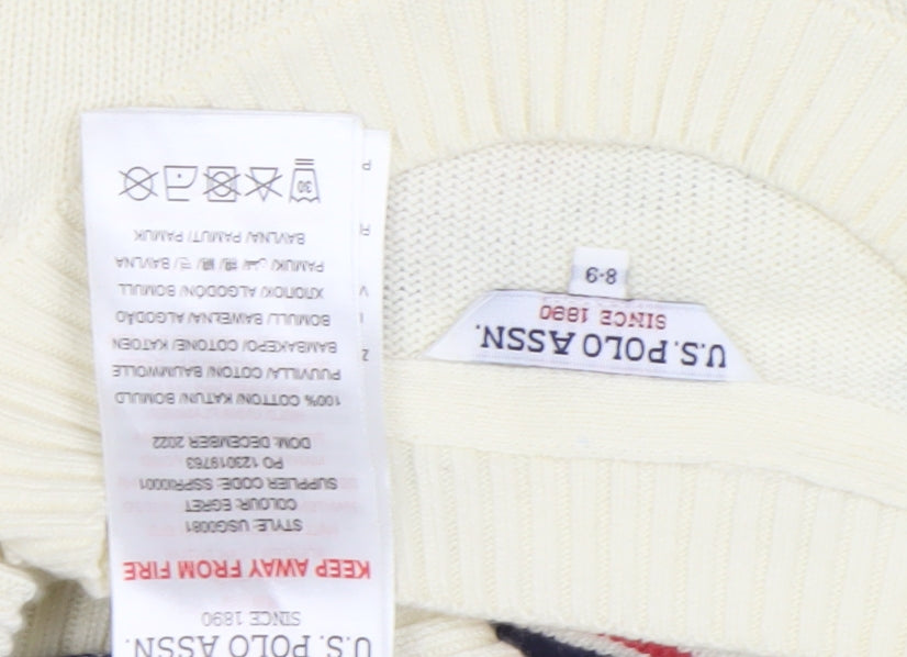 U.S. Polo Assn. Girls Ivory Striped Pullover Jumper 6-8 Years Cotton Crew Neck
