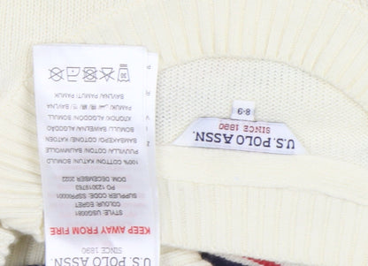U.S. Polo Assn. Girls Ivory Striped Pullover Jumper 6-8 Years Cotton Crew Neck