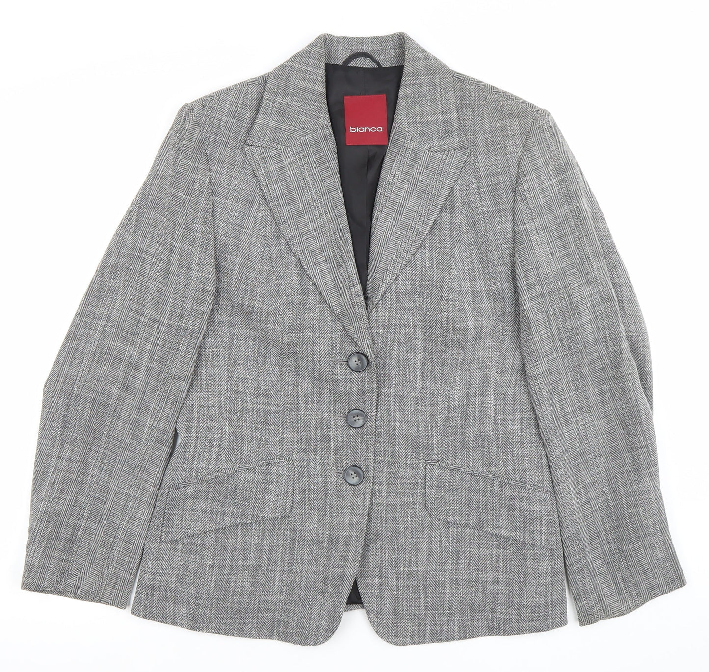 Bianca Womens Grey Size 12 Classic Wool Blend Herringbone Blazer