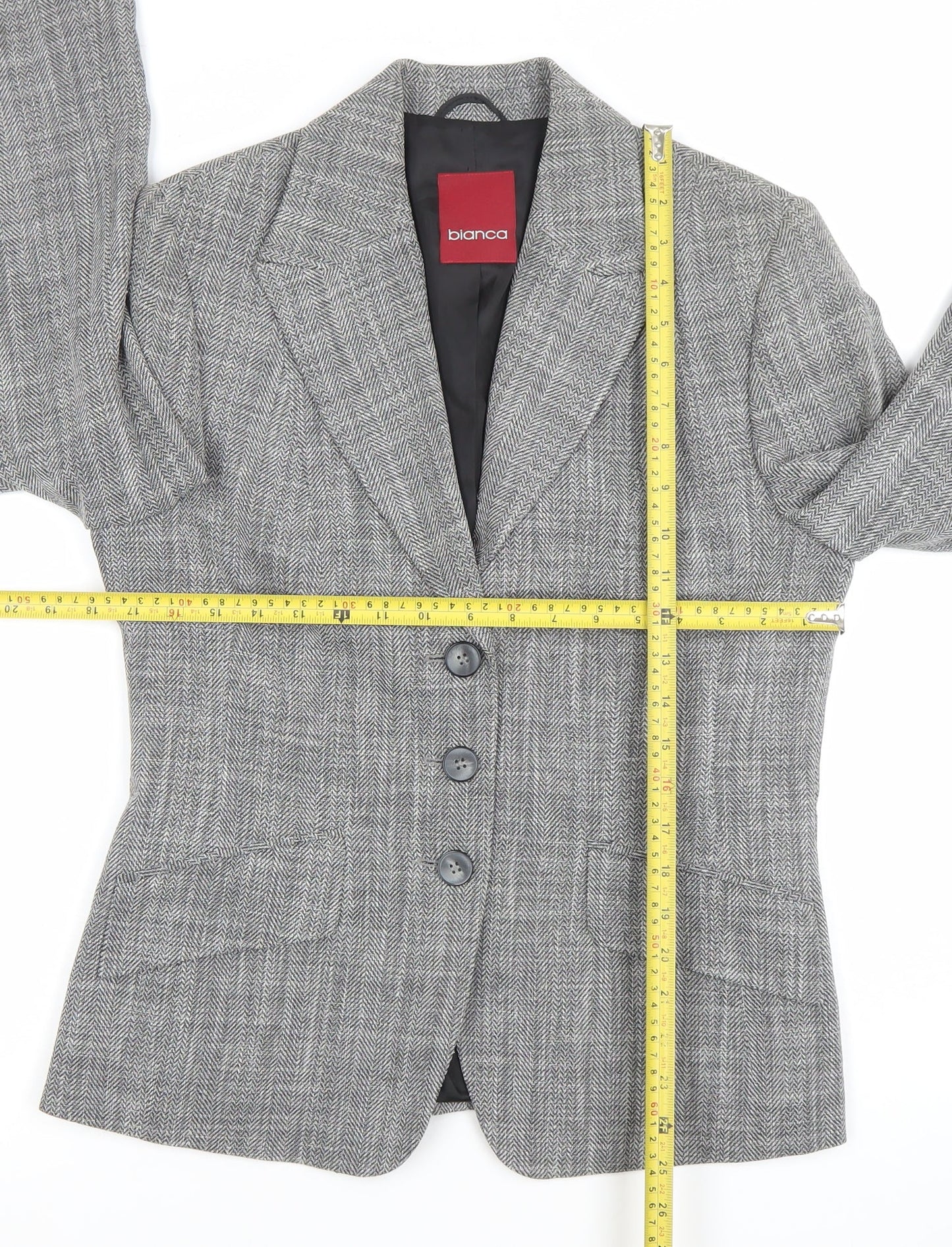 Bianca Womens Grey Size 12 Classic Wool Blend Herringbone Blazer