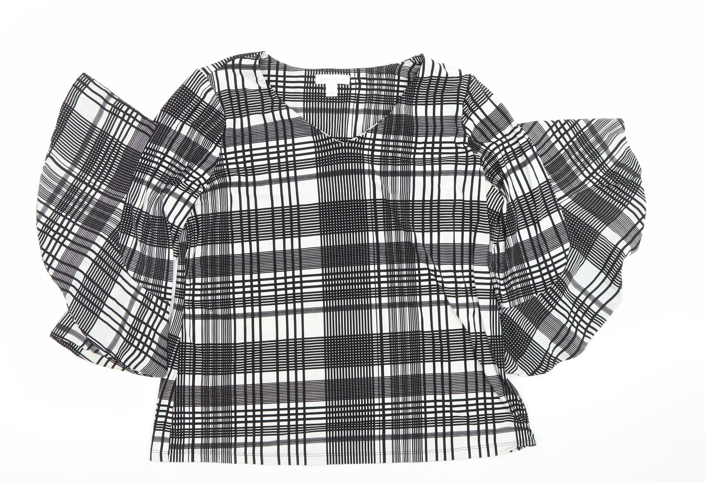 Charter Club Women's Black Check Puff Sleeve Petite L Blouse Top