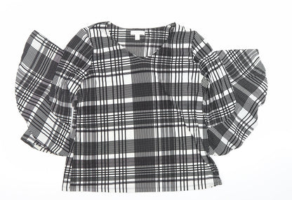 Charter Club Women's Black Check Puff Sleeve Petite L Blouse Top
