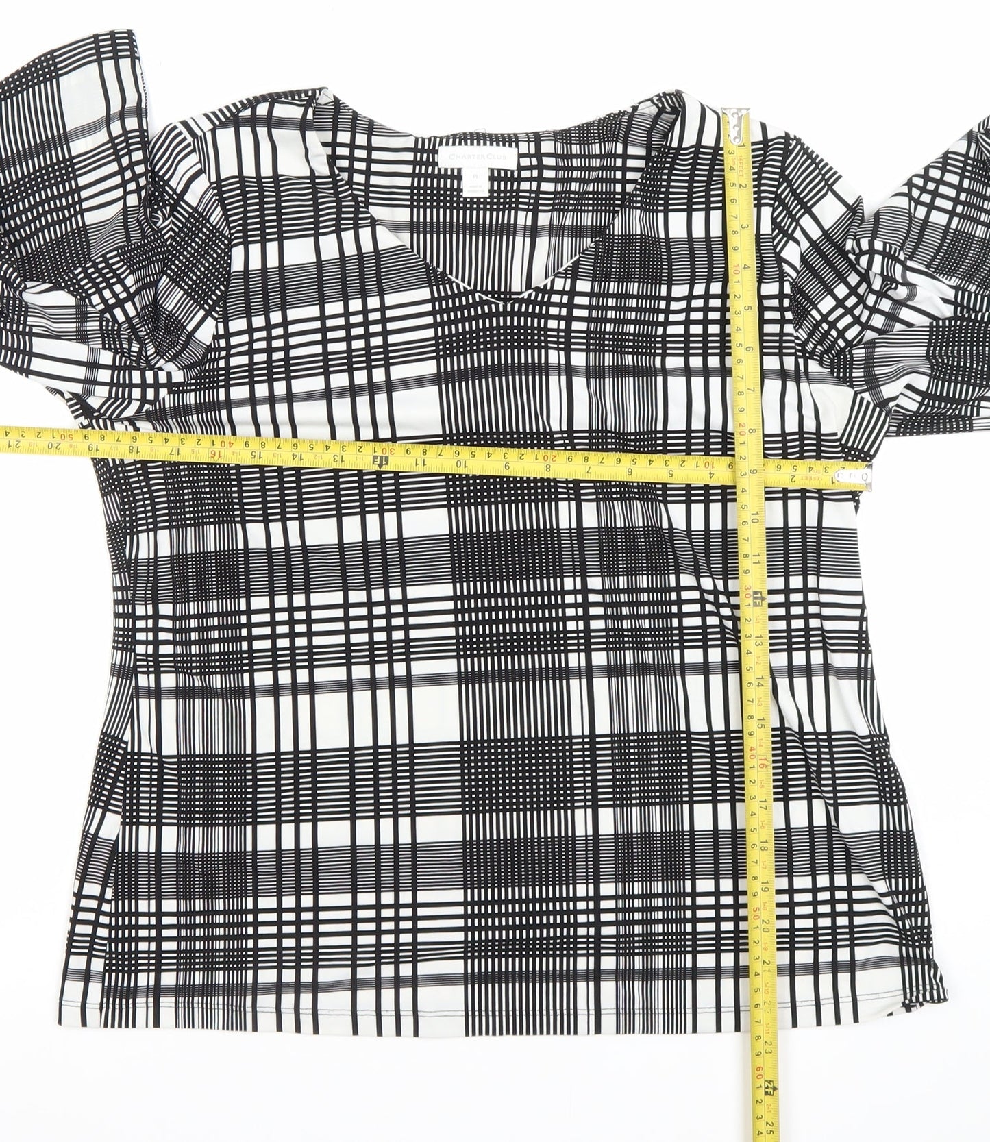 Charter Club Women's Black Check Puff Sleeve Petite L Blouse Top