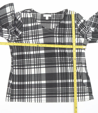 Charter Club Women's Black Check Puff Sleeve Petite L Blouse Top