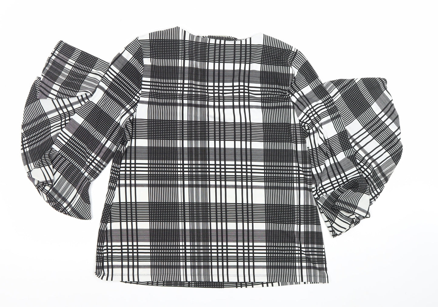 Charter Club Women's Black Check Puff Sleeve Petite L Blouse Top