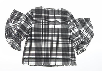 Charter Club Women's Black Check Puff Sleeve Petite L Blouse Top