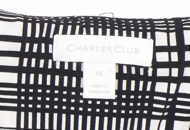 Charter Club Women's Black Check Puff Sleeve Petite L Blouse Top