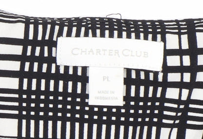 Charter Club Women's Black Check Puff Sleeve Petite L Blouse Top